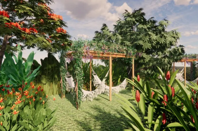 Projeto de paisagismo com pergolado e área de convivência